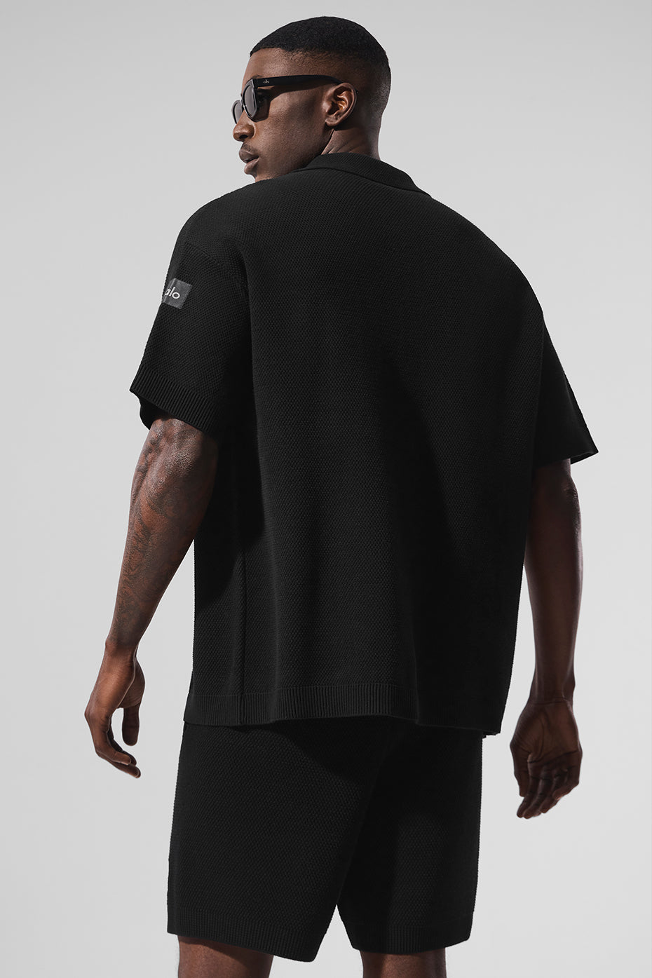 Sports Club Sweater Knit Short Sleeve Button Up - Black - Image 4