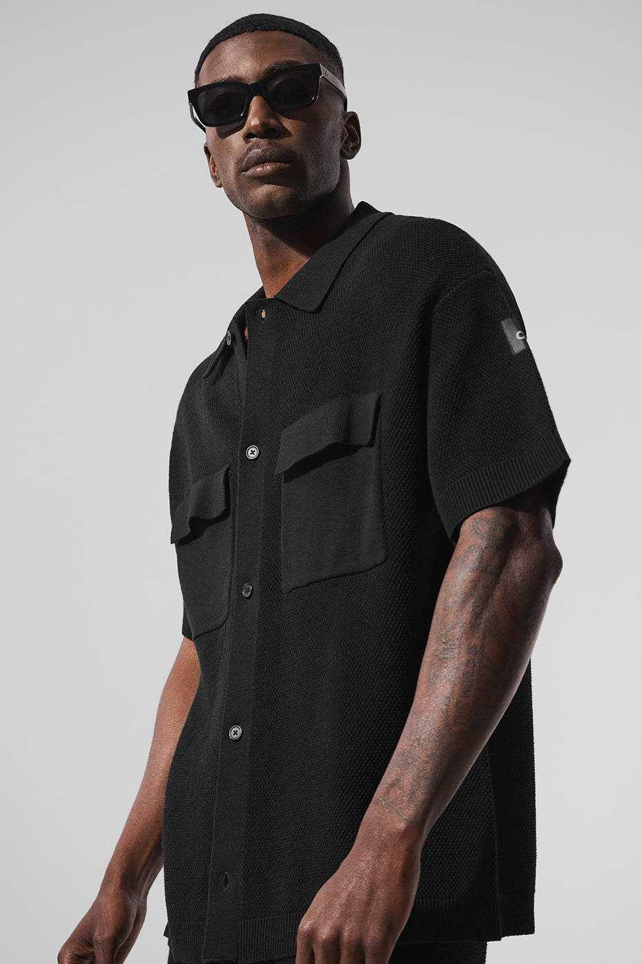 Sports Club Sweater Knit Short Sleeve Button Up - Black - Image 3