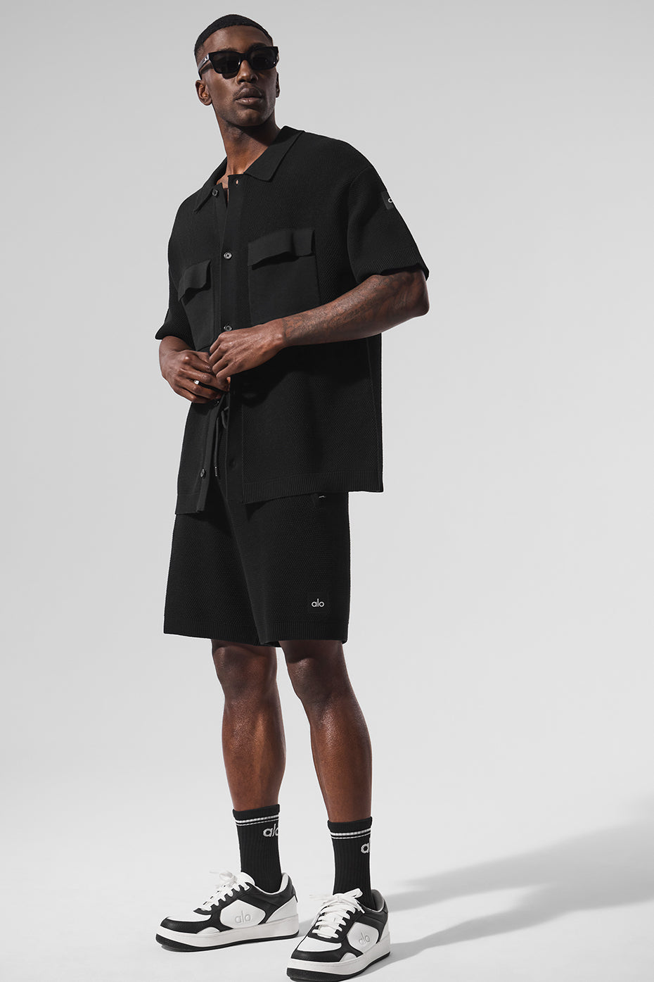 Sports Club Sweater Knit Short Sleeve Button Up - Black - Image 5