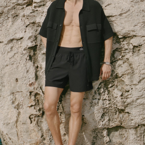 Sports Club Sweater Knit Short Sleeve Button Up - Black