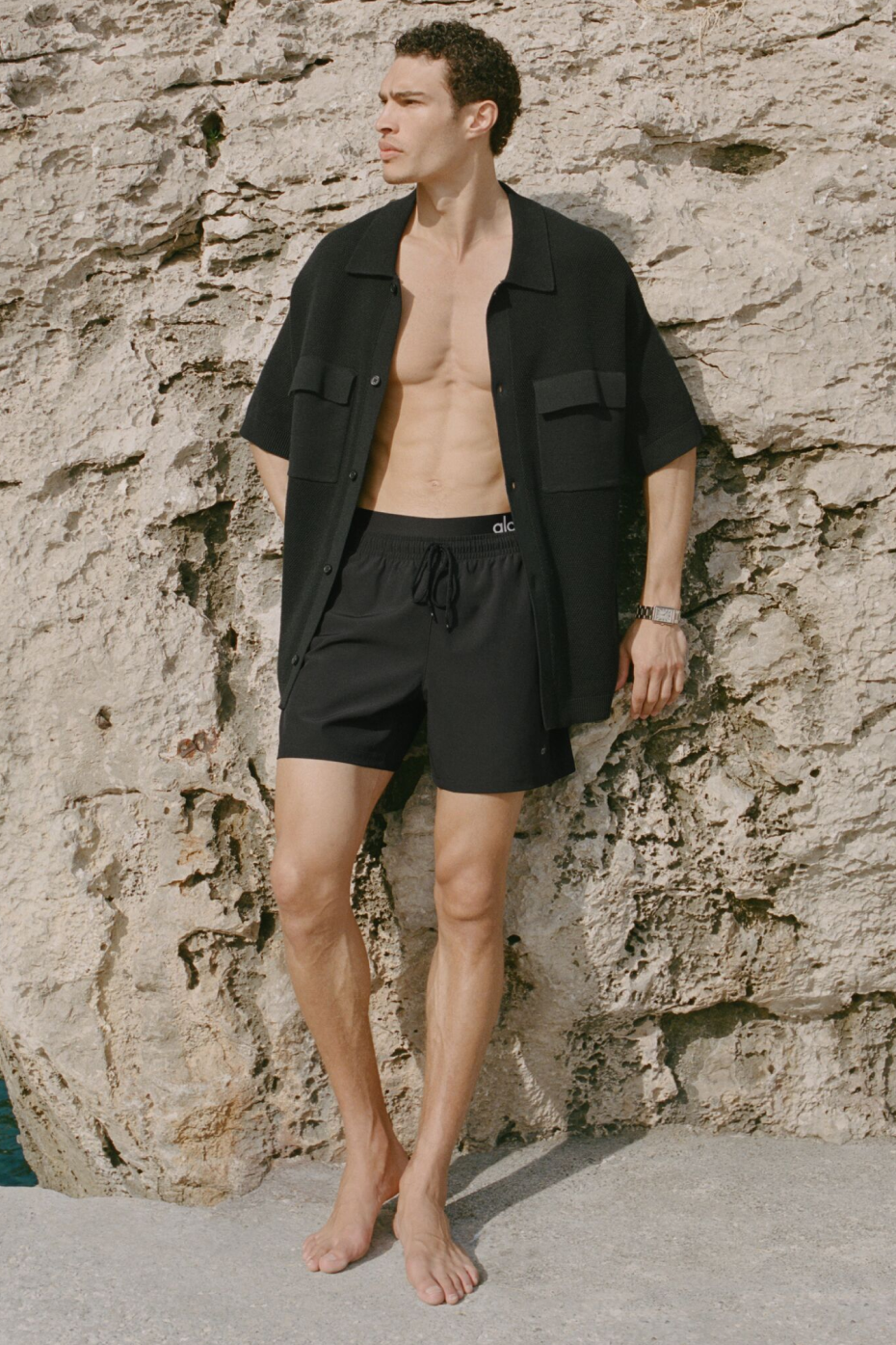 Sports Club Sweater Knit Short Sleeve Button Up - Black