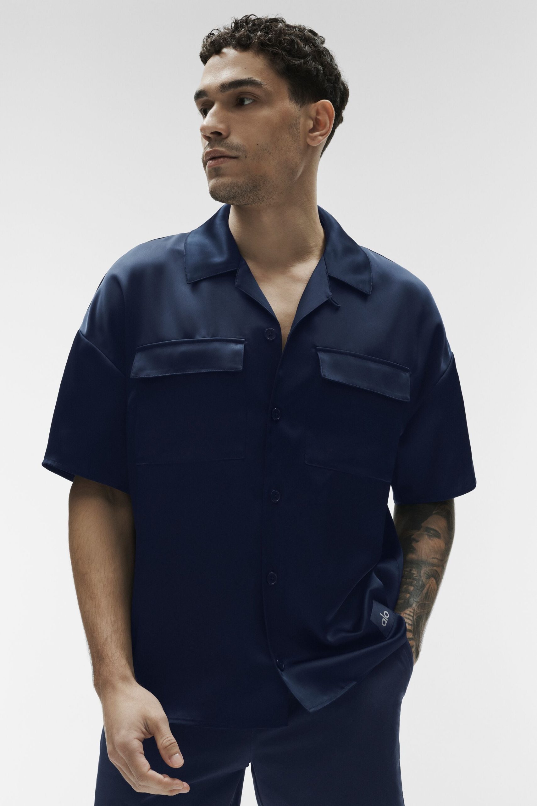 Satin Horizon Short Sleeve Button Up - Navy