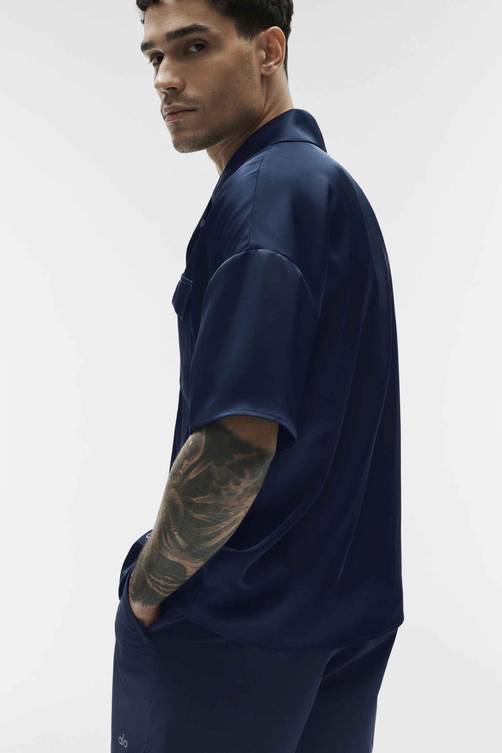 Satin Horizon Short Sleeve Button Up - Navy - Image 3