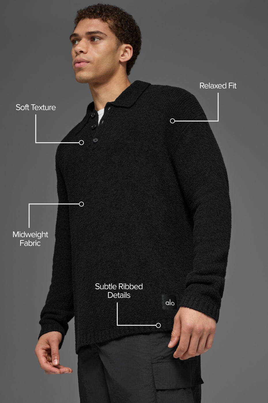 Textured Knit Long Sleeve Polo - Black - Image 2