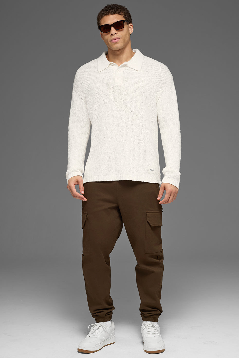 Textured Knit Long Sleeve Polo - Ivory - Image 6