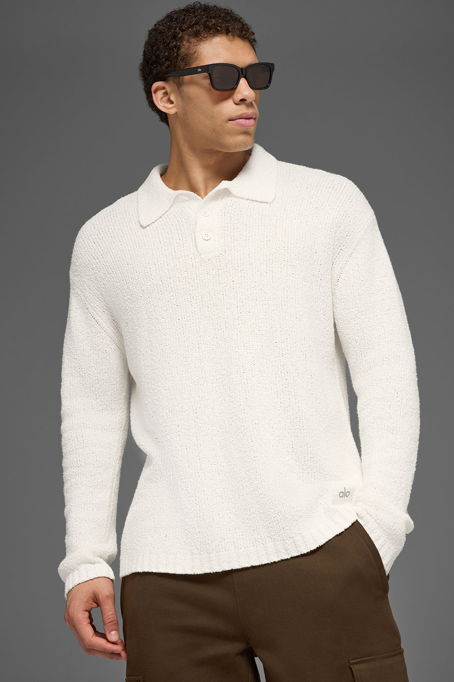 Textured Knit Long Sleeve Polo - Ivory - Image 3
