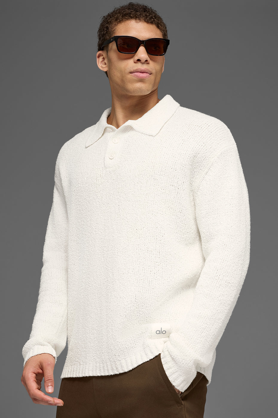 Textured Knit Long Sleeve Polo - Ivory - Image 5