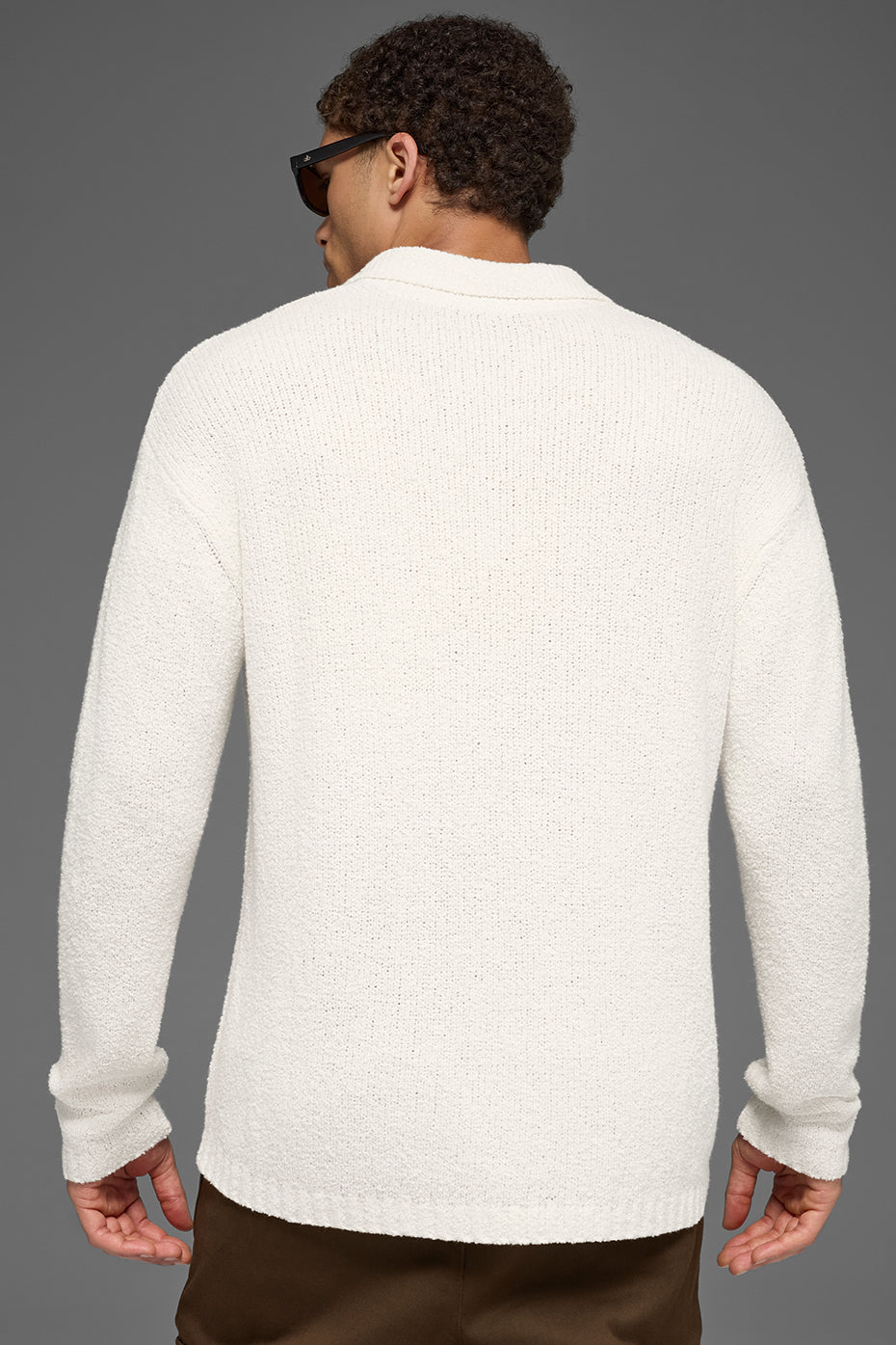 Textured Knit Long Sleeve Polo - Ivory - Image 4