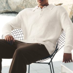 Textured Knit Long Sleeve Polo - Ivory