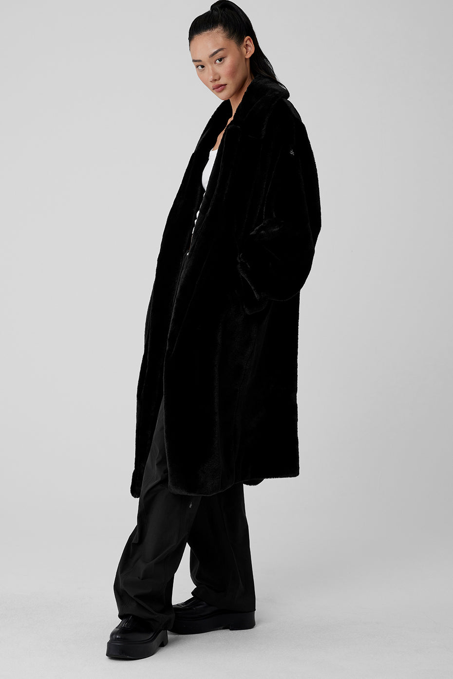 Oversized Faux Fur Trench - Black - Image 3