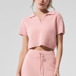 Cashmere Plush Waffle Polo Tee - Pink Quartz