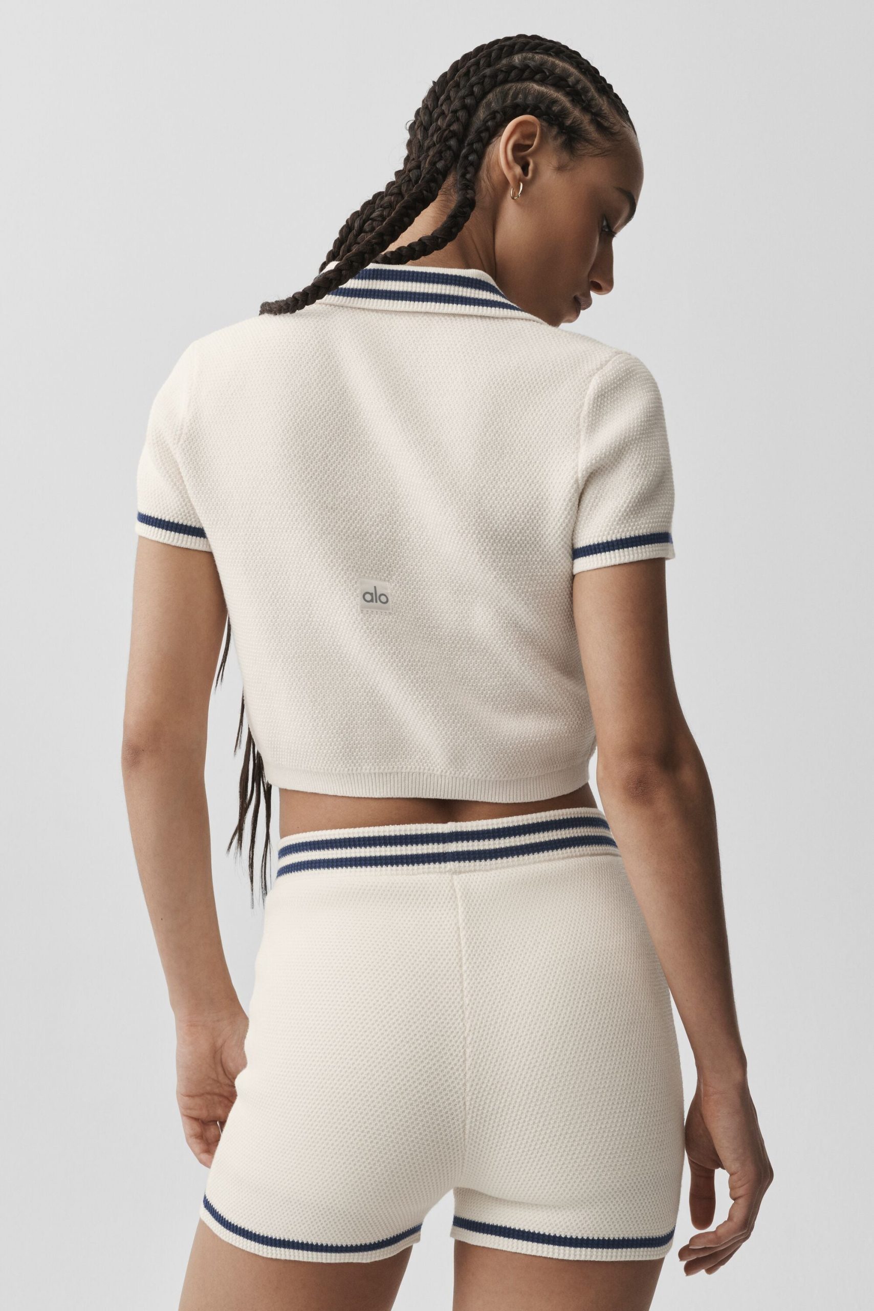 Tennis Club Sweater Knit Cropped Polo - Ivory/Navy - Image 3