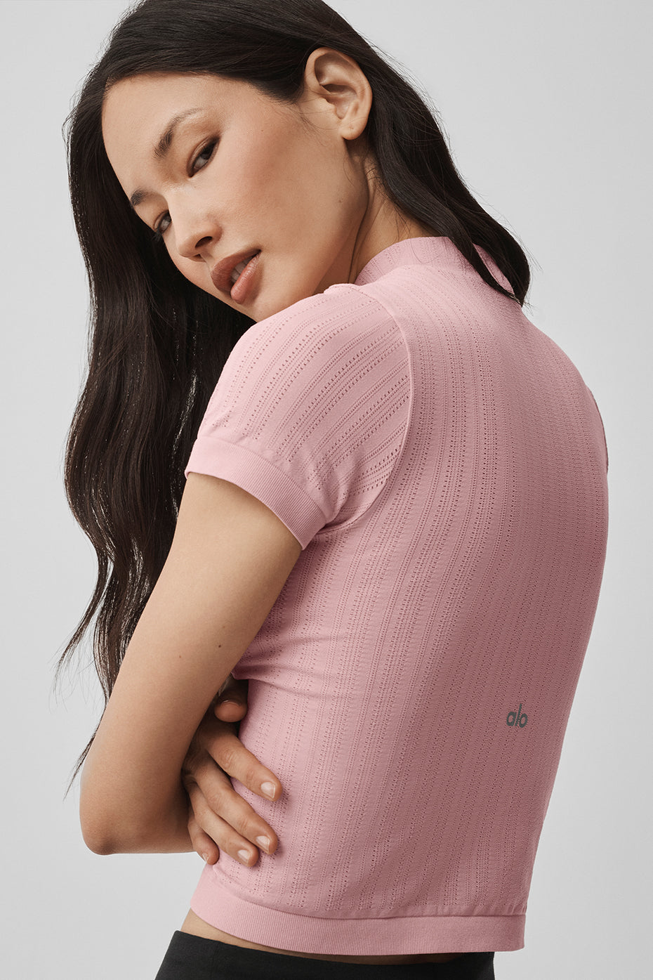 Seamless Pointelle Mock Neck Short Sleeve - Vintage Pink - Image 2