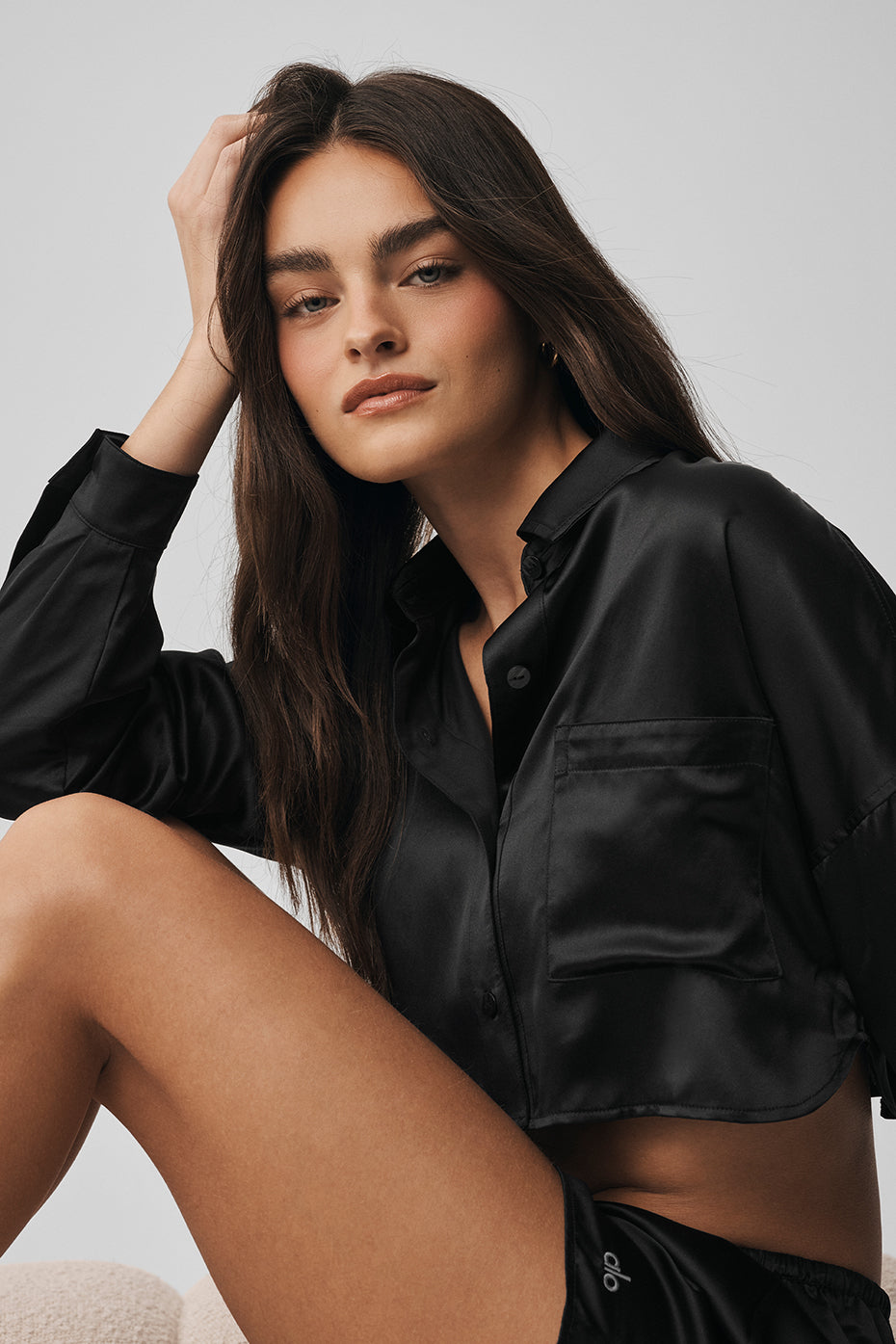 Silk Luminous Cropped Button Down Long Sleeve - Black - Image 3