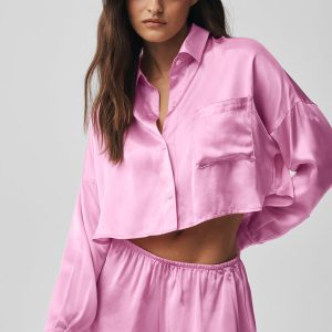 Silk Luminous Cropped Button Down Long Sleeve - Candy Heart Pink