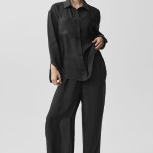 Semi-Sheer Golden Hour Button Down Long Sleeve - Black