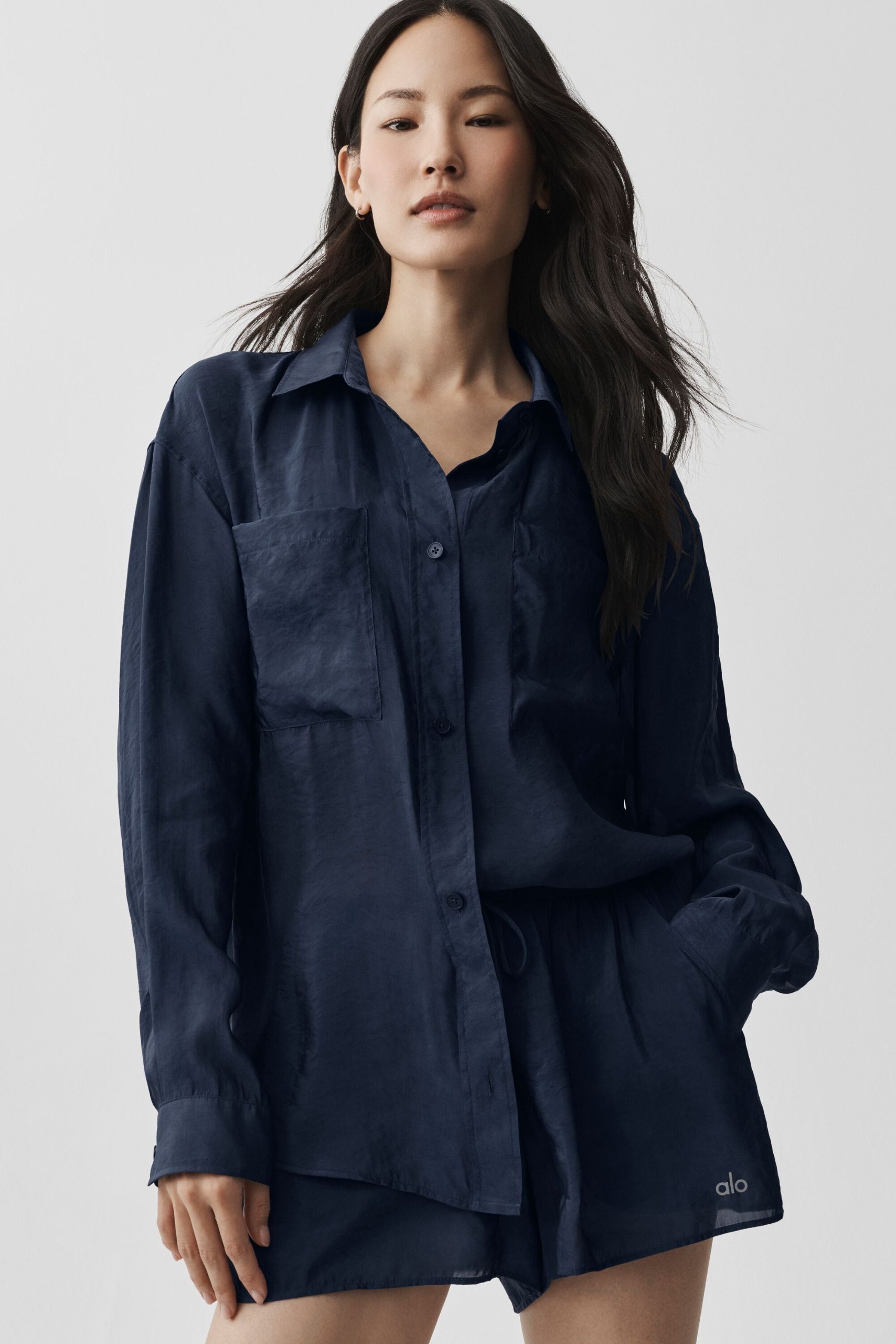 Semi-Sheer Golden Hour Button Down Long Sleeve - Navy - Image 3