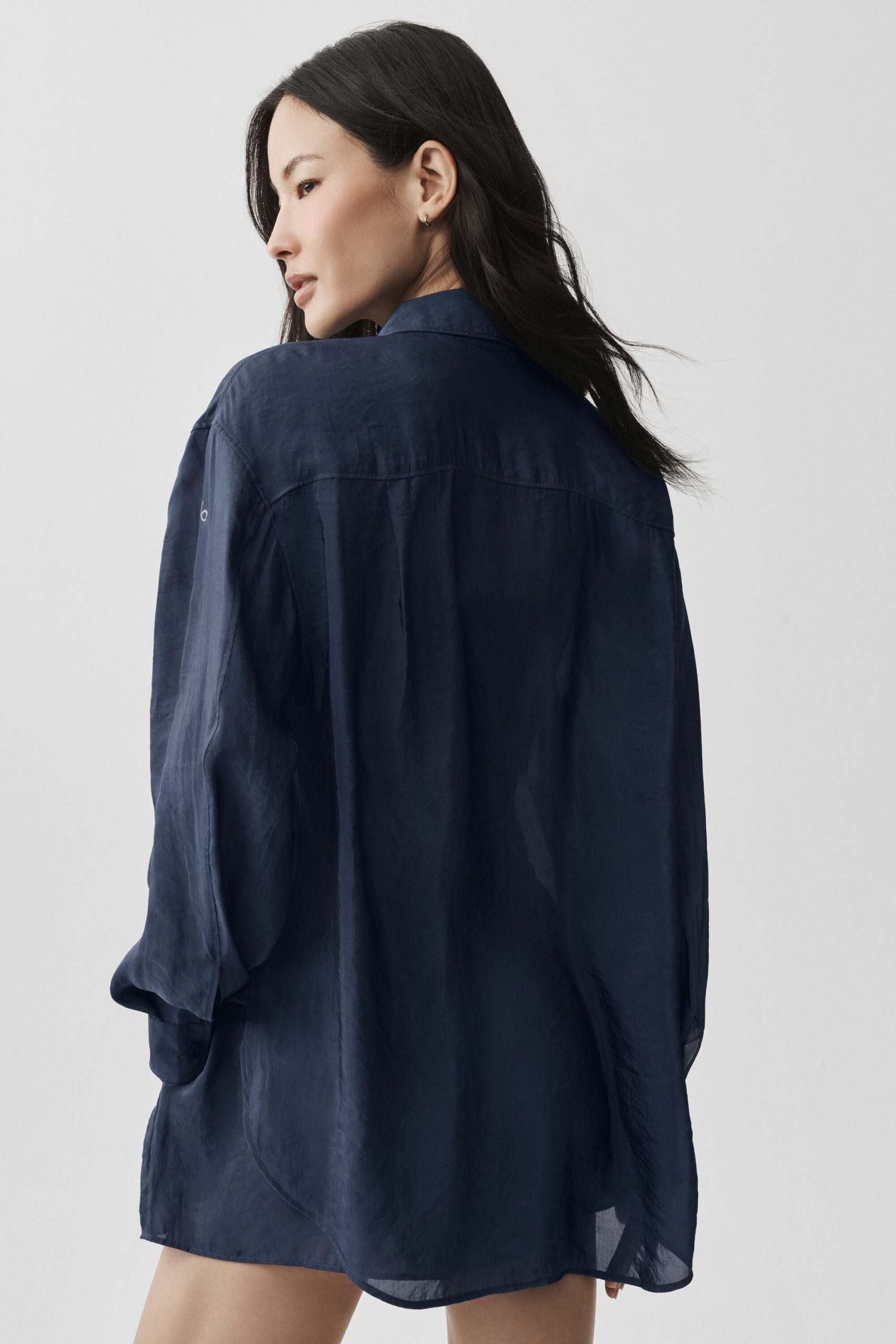 Semi-Sheer Golden Hour Button Down Long Sleeve - Navy - Image 4