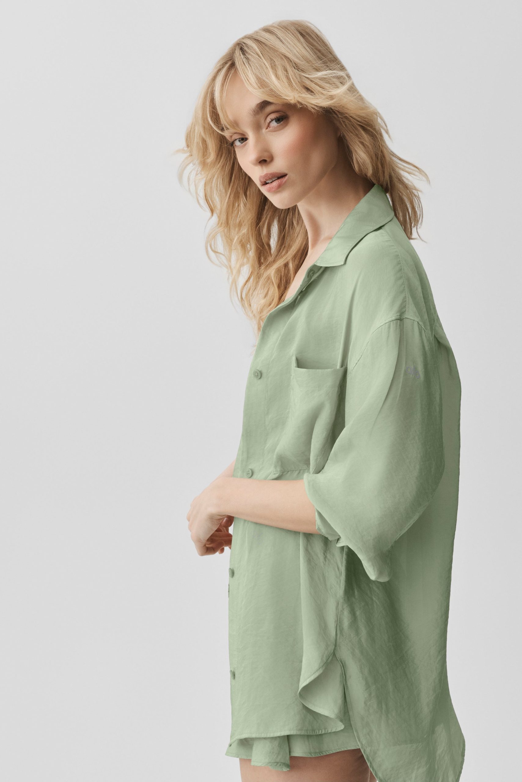 Semi-Sheer Golden Hour Button Down Long Sleeve - Dune Grass - Image 4