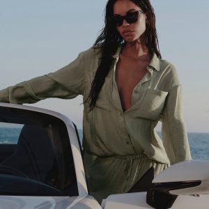 Semi-Sheer Golden Hour Button Down Long Sleeve - Dune Grass