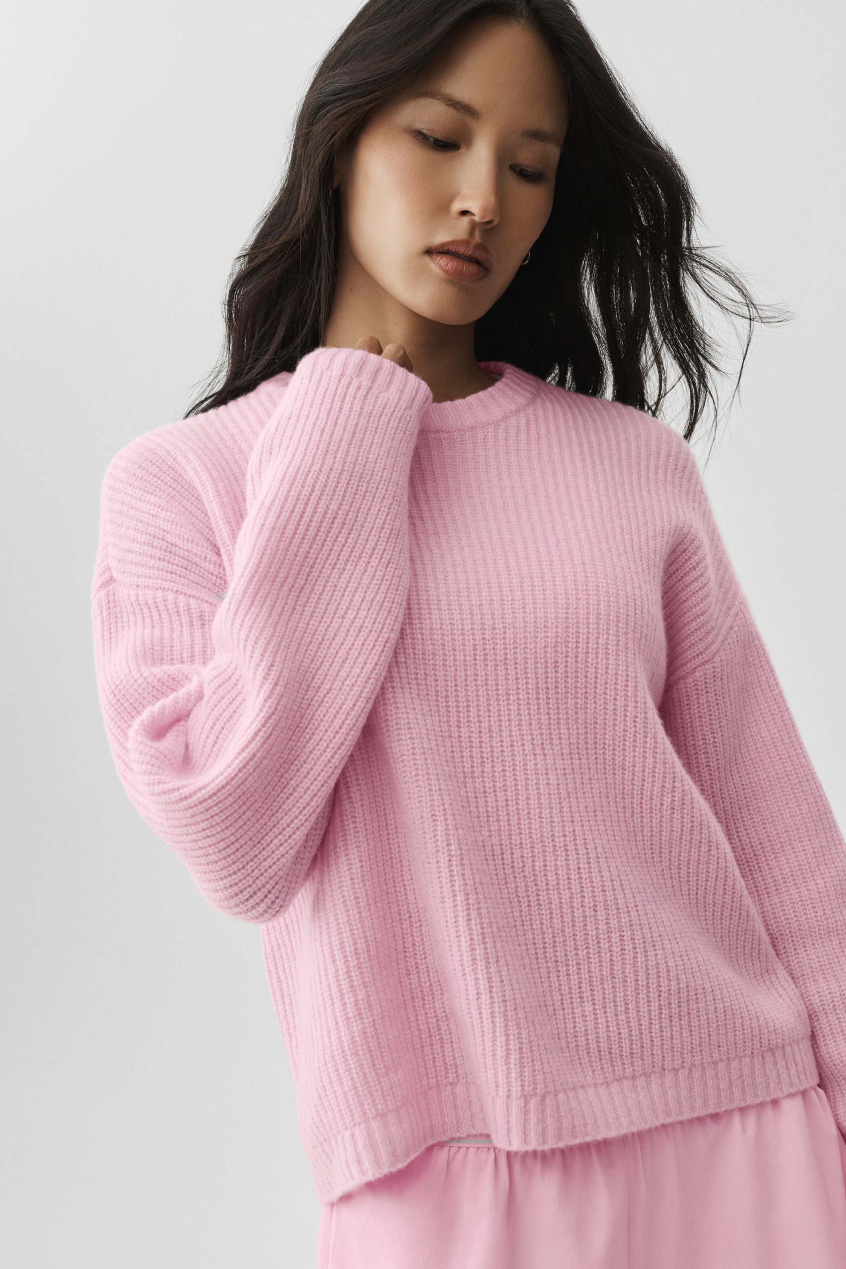 Wool Cashmere Ribbed Noble Crewneck Sweater - Pink Marshmallow - Image 3