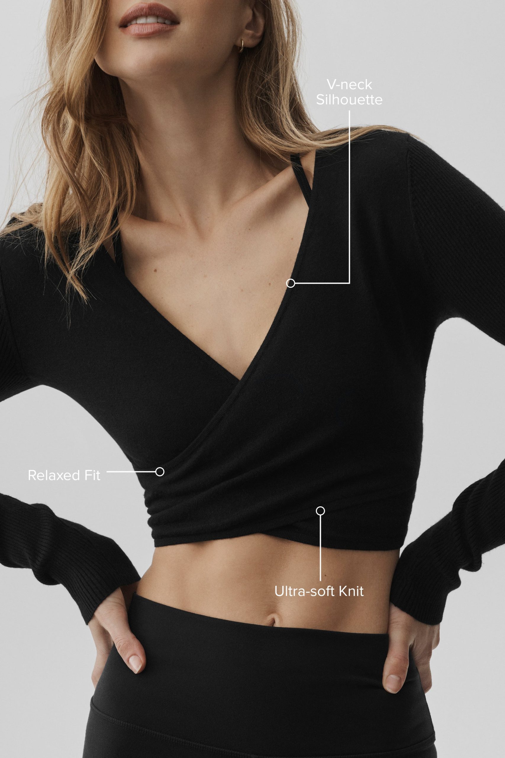 Sweater Knit Crossover Long Sleeve - Black - Image 2