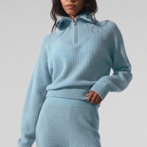 Cashmere Plush Waffle 1/4 Zip Pullover - Celestial Blue Heather