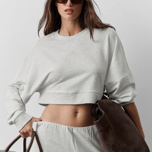 Cropped Sway Crew Neck Pullover - White Heather