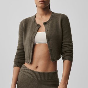 Wool Cashmere New Class Cropped Cardigan - Olive Tree