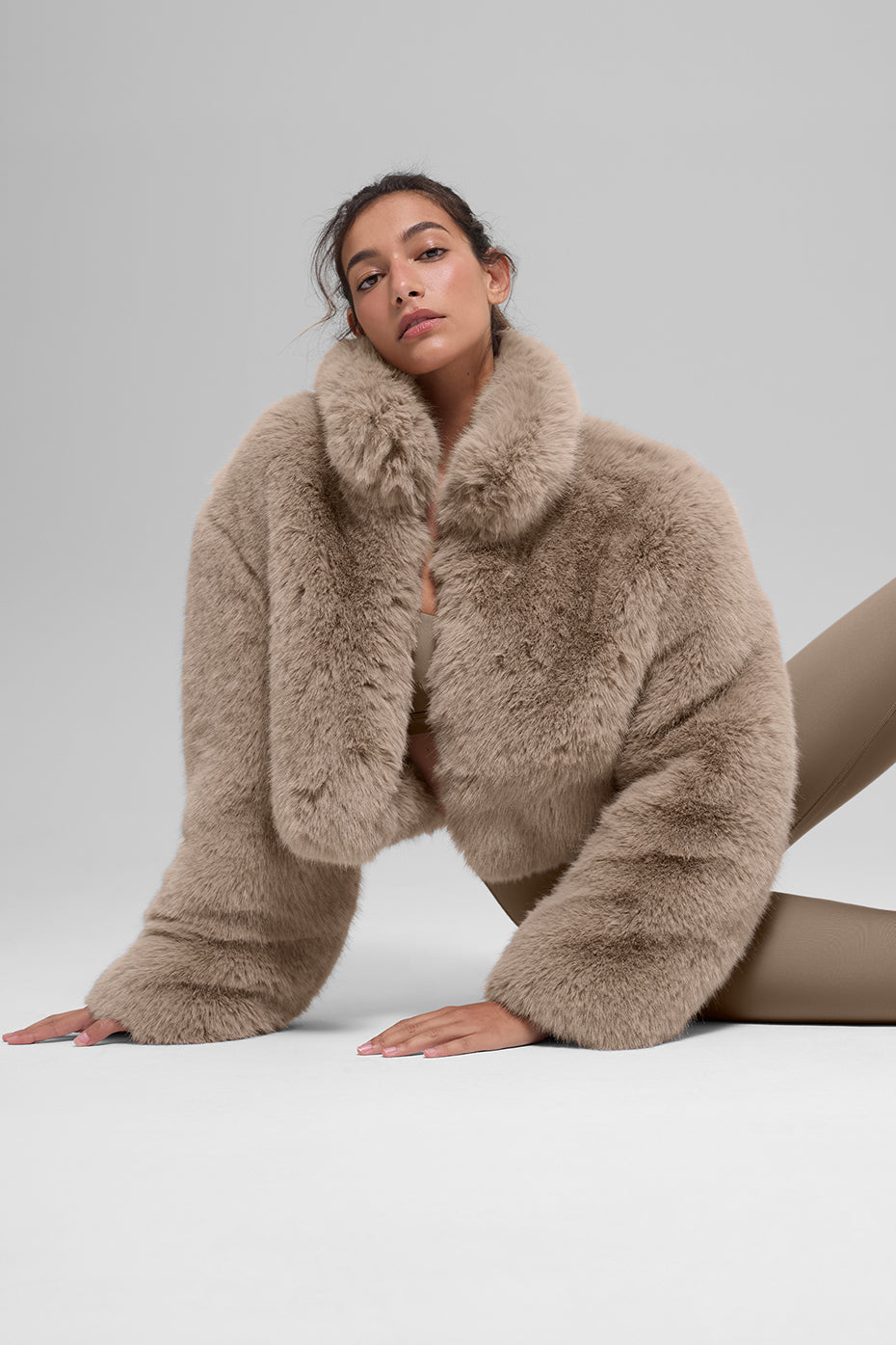 Opulent Faux Fur Cropped Jacket - Oat - Image 5