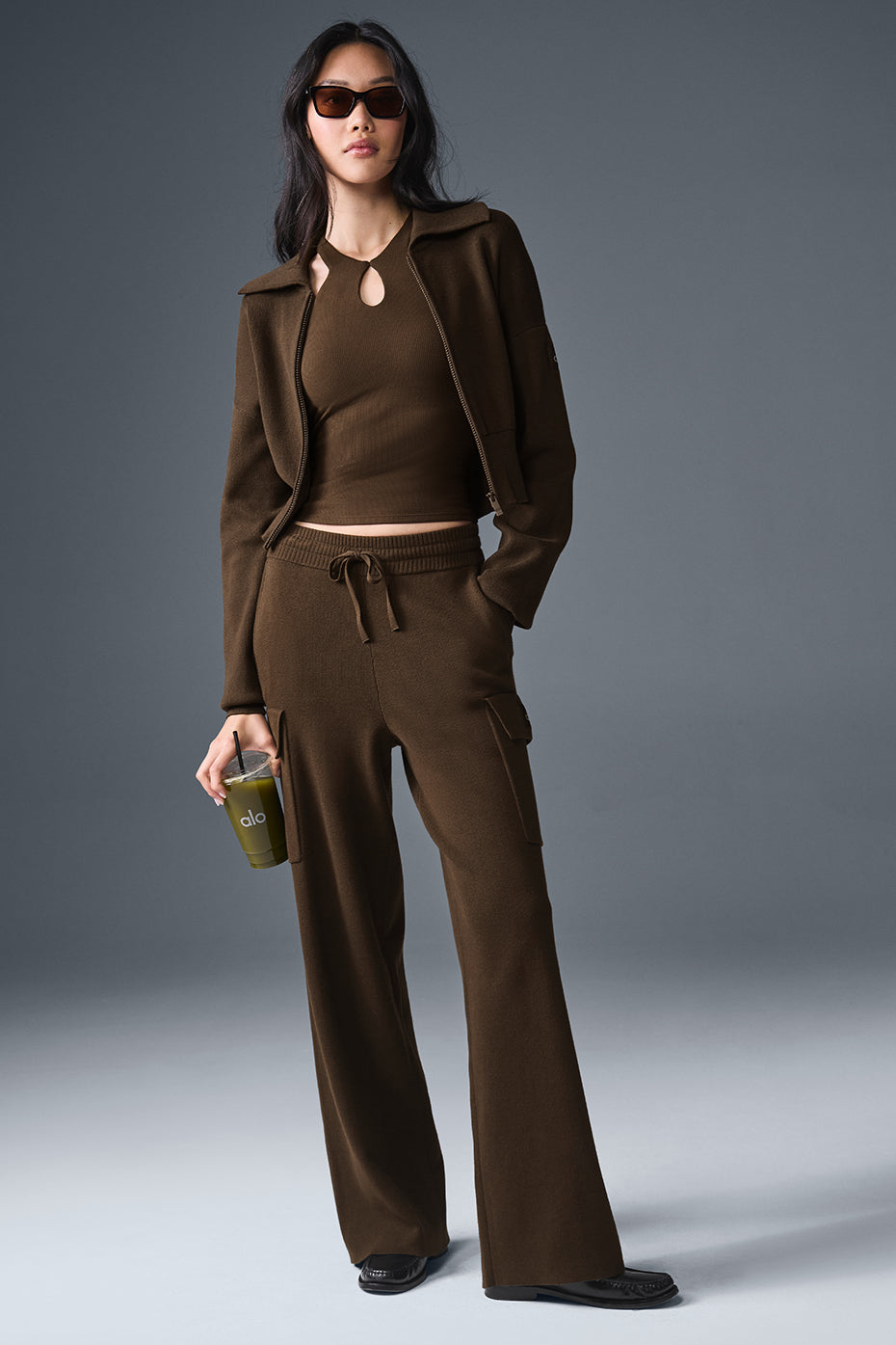 Scholar Knit Cropped Full Zip Jacket - Espresso - Image 4