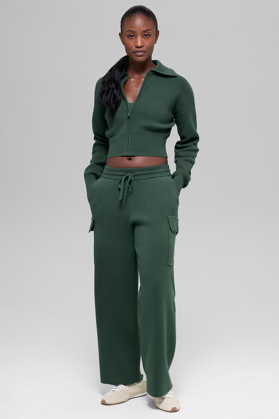 Scholar Knit Cropped Full Zip Jacket - Clover Green - Image 4