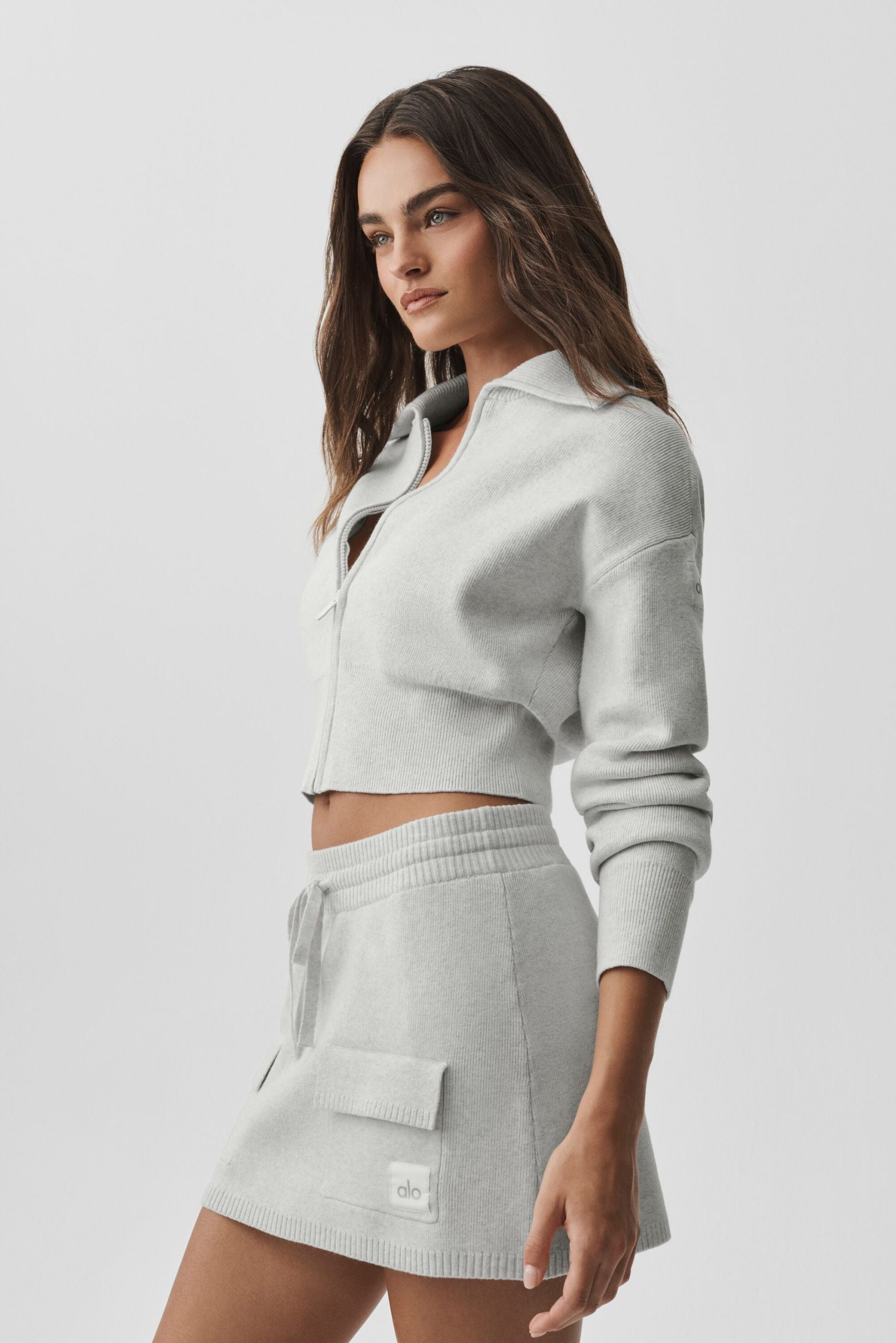 Scholar Knit Cropped Full Zip Jacket - White Heather - Image 4