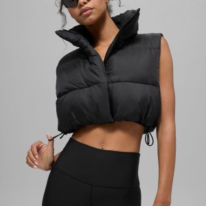 Cropped Gold Rush Puffer Vest - Black