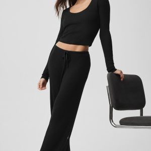 Sweater Knit Mid-Rise Unwind Wide Leg Pant - Black