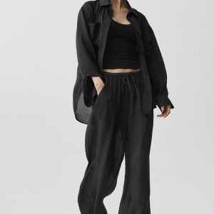 Semi-Sheer Golden Hour High-Waist Straight Leg Pant - Black