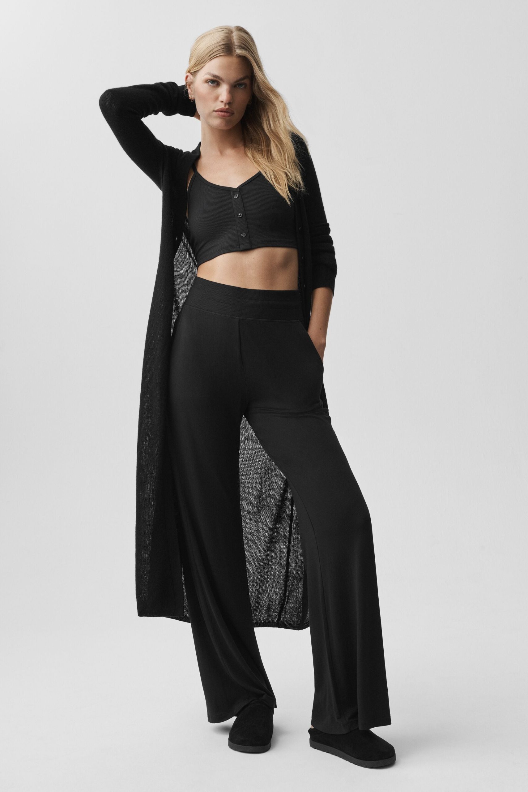 Semi-Sheer Delicate Lounge Flare Pant (Long) - Black - Image 5
